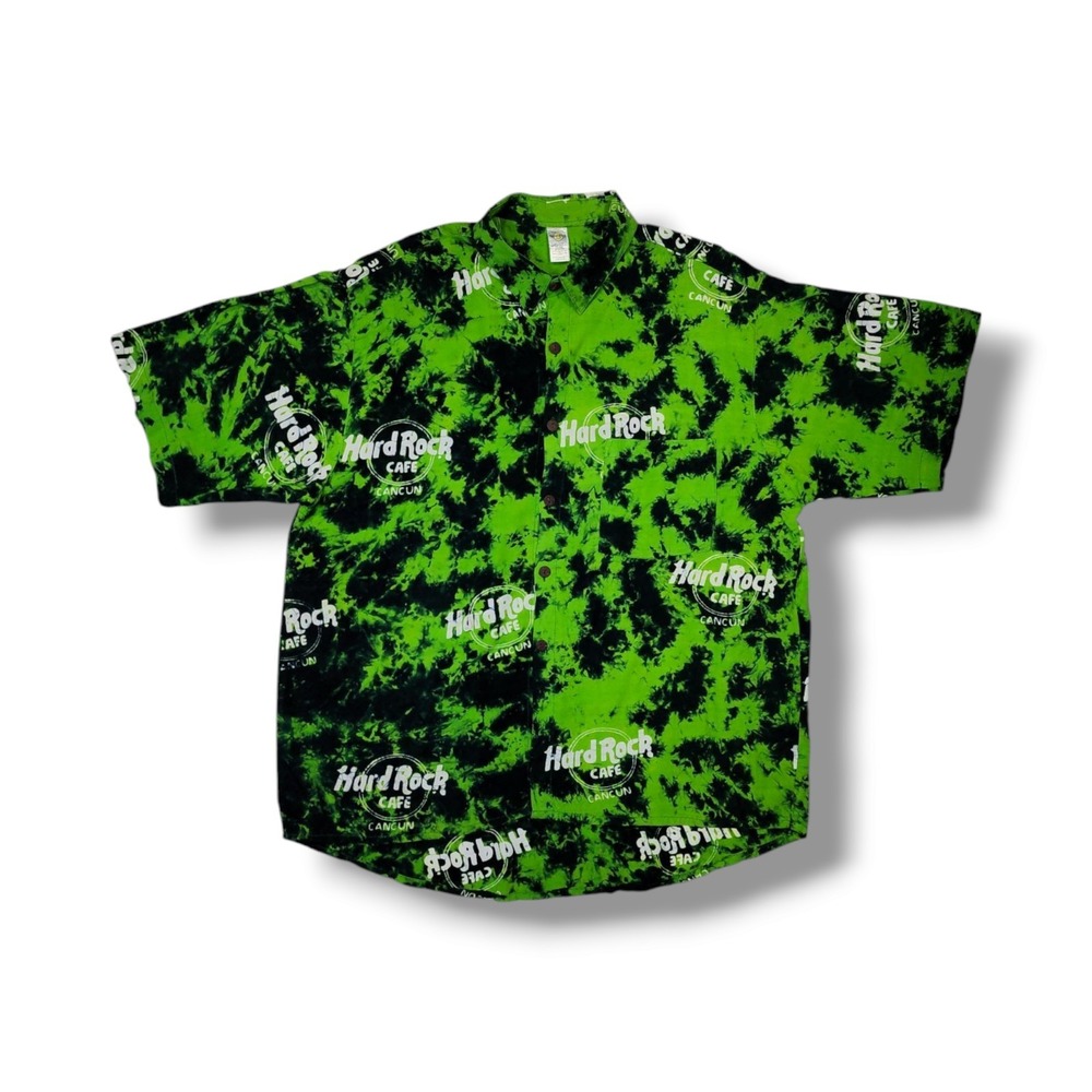 Hard Rock Cafe Cancun Green Tie Dye Button Up Short Sleeve Shirt Men's Size 2XL